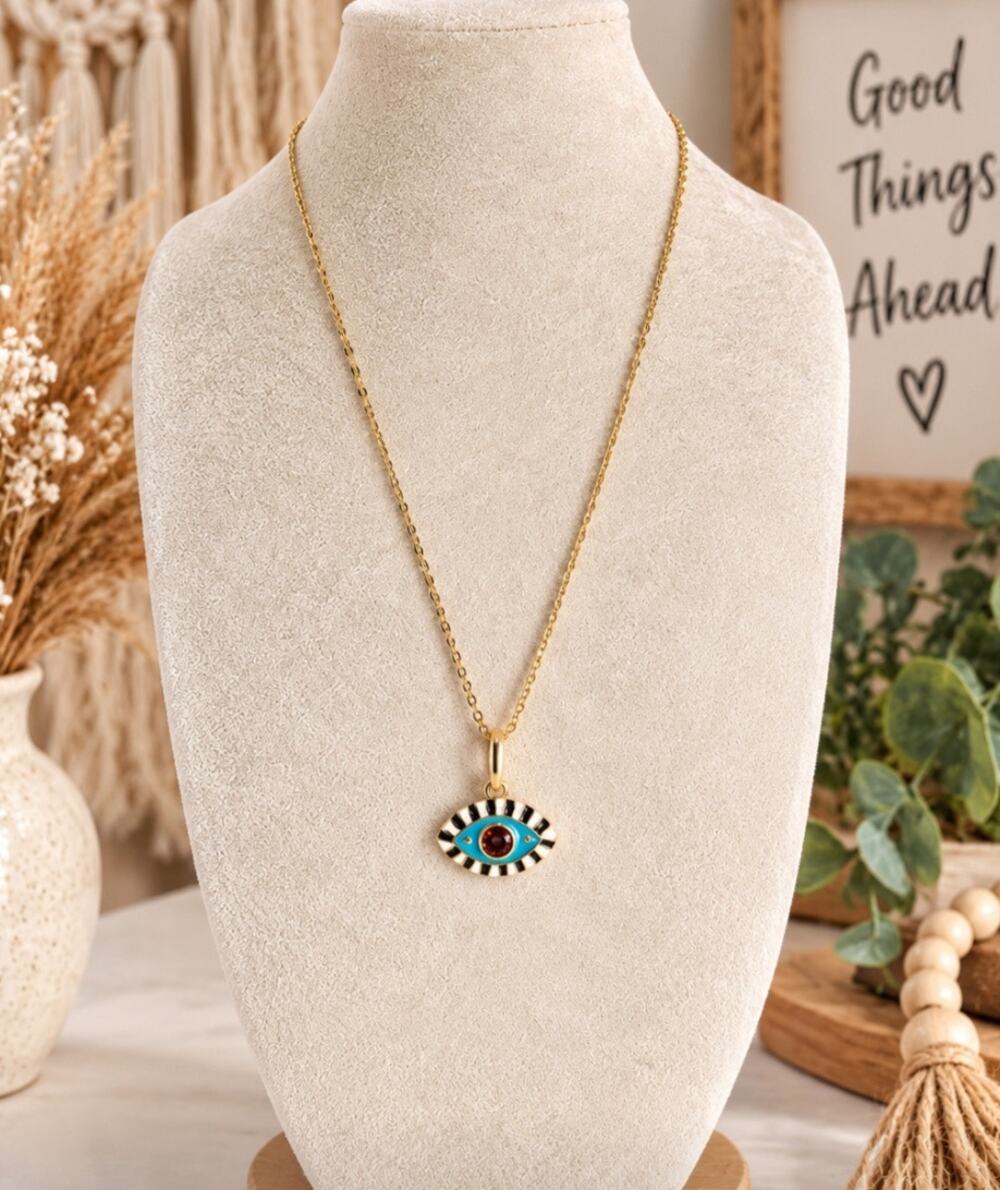 Striped Stone Evil Eye Pendent Gold Necklace New.